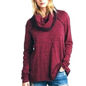 FREE PEOPLE BEACH Cowl Neck Cocoon Pullover Tee Sweater OS Burgundy Red funnel